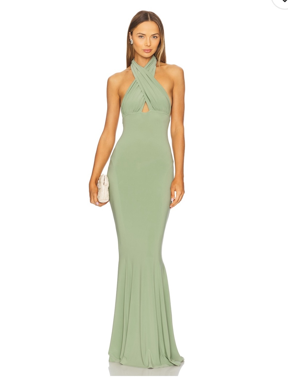 Norma Kamali Vintage Green Cross Halter Fishtail Gown